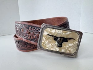 Justin Longhorn Tooled Brown Leather Classic Western Belt *Flaw - Picture 1 of 9