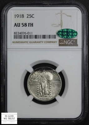 1918 Full Head Standing Liberty Silver Quarter 25C NGC AU 58 FH CAC (Toning!) - Image 1 of 4