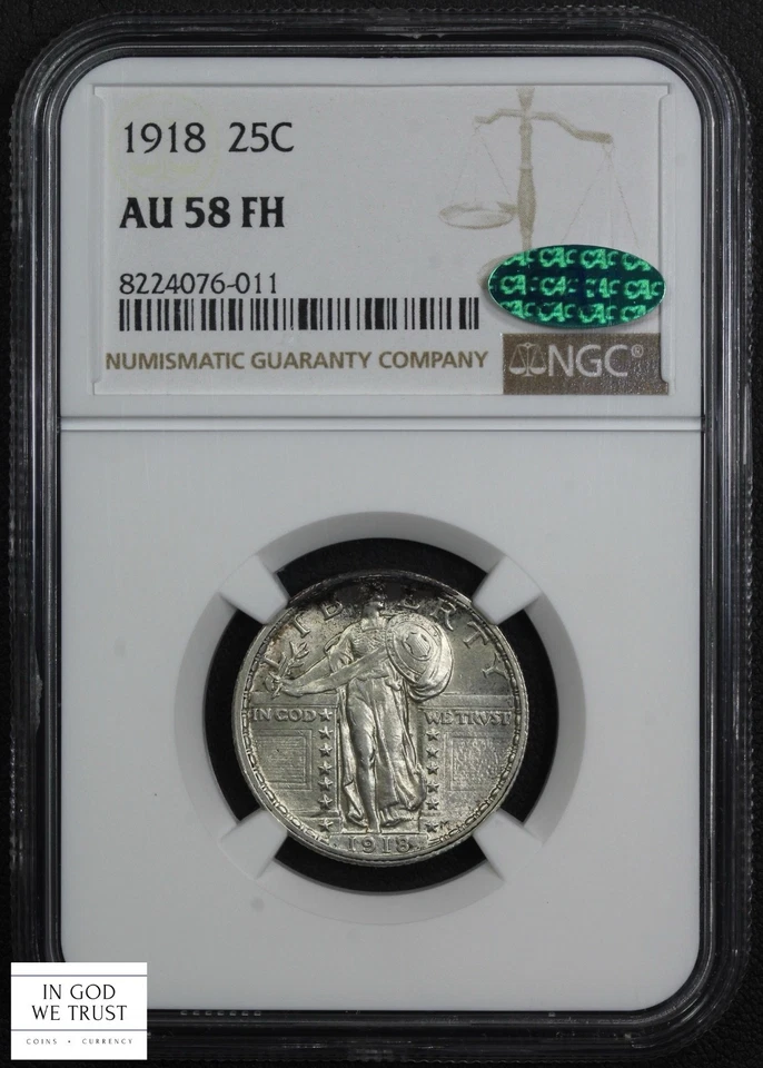 1918 Full Head Standing Liberty Silver Quarter 25C NGC AU 58 FH CAC (Toning!) - Image 1 of 4