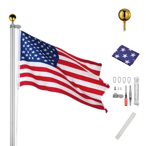 Silver/Black 20 Ft Aluminum Sectional Flagpole with 3x5 Ft US Flag Gold Ball - Picture 1 of 10