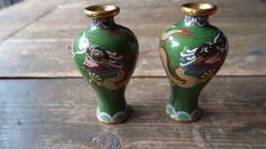 Pair of Antique Dragon Cloisonne Vases 4" Tall - Picture 1 of 12