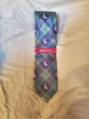 Merona Polyester Tie Green Blue Plaid Deer Men Necktie Skinny 58.5 x 3 NOS - Изображение 1 из 4