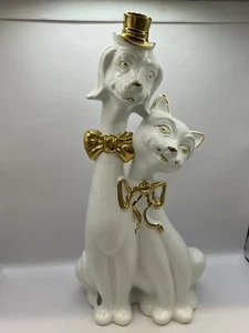 Vintage Cat & Dog Figurine with Bowtie & Top Hat Gold Trim 36cm Made In Italy - Picture 1 of 13