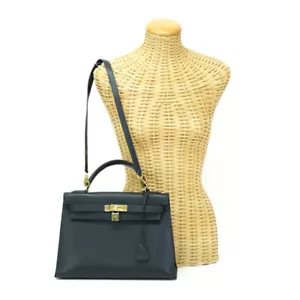 HERMES Kelly 32 Handbag Couchevel Leather Gold Hardware Vintage Blue Indigo - Picture 1 of 15
