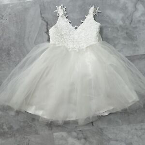 Miama Girls Flower Girl Dress Size 6 - 7 White Lace Full Skirt of Tulle Big Bow