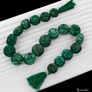 Natural Green Emerald Gemstone Round Floral Carving Drilled Beads Strand~13 Inch - Picture 1 of 5