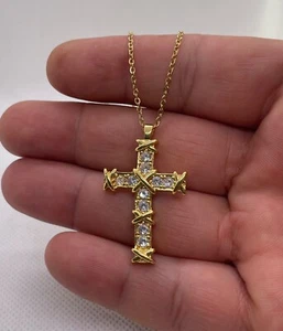 14k yellow gold plated cross necklace pendant simulated diamonds - Picture 1 of 6