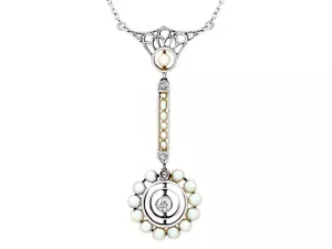 Antique Pearl and 0.13 Ct Diamond, 14k White Gold Pendant, Art Nouveau Style - Picture 1 of 10