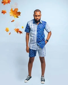 Men's Ankara 2 piece matching set Short and Shirt - Free International Shipping - Picture 1 of 5
