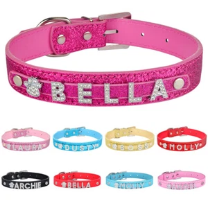 Leather Personalised Girl Dog Collar Diamante Name Charms Kitten Cat Puppy XS-L - Picture 1 of 21