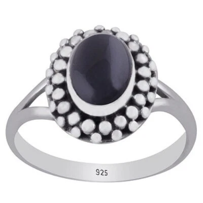 925 Argento Sterling Anello Appariscente Per Donna Onice Nera Occhio Ovale Forma - Immagine 1 di 4