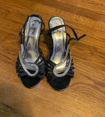 Black and silver strappy formal shoes size 8 with 3-4 inch heel - Image 1 of 4