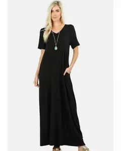 Maxi Camiseta Vestido Keeping It Comfy Mangas Cortas Cuello en V con Bolsillos en Negro - Imagen 1 de 2