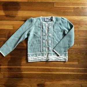 Maglione bambina vintage Susan Bristol verde con fiocchi di neve 100% lana Shetland Medium - Foto 1 di 21