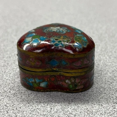Vintage Cloisonne Enamel Jewelry Trinket Box Floral Heart Shape Mini Keepsake - Image 1 of 4