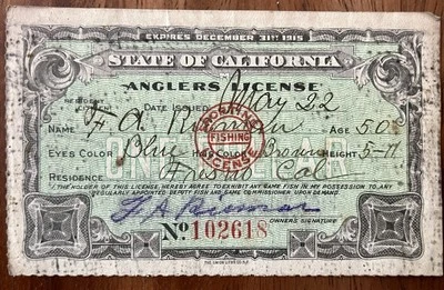 Licencia de pesca Citizen Anglers 1915 #102618 en muy buen estado sin pliegues Fresno CA Foto 1 de 4