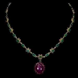 925 Sterling Silver Necklace Oval Ruby 17x14mm Emerald Gemstone Jewelry 18 Inch - Picture 1 of 13