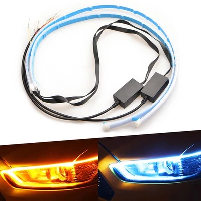 Tira de luz de señal de giro DRL flexible LED 60 CM 2 piezas faros 12V azul ámbar Foto 1 de 4
