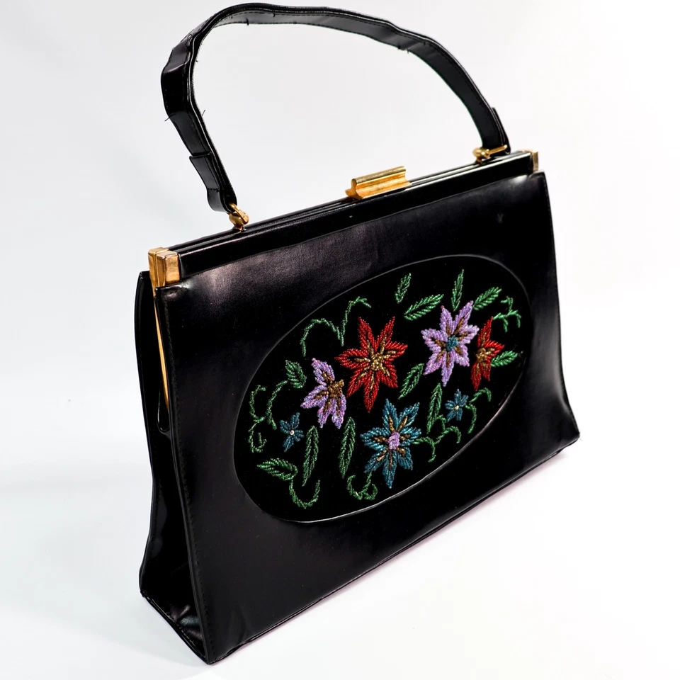 Vtg Beaded Floral Handbag Purse 1960s MCM Black Faux Leather Top Handle Flowers - Image 1 of 4