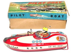 Rare Vintage Bandai Pilot Boat Tinplate Wind-up Toy Retro Showa Era from Japan - Bild 1 von 24