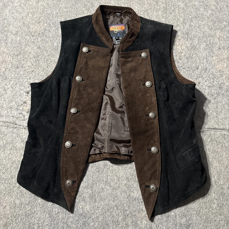 Vintage Cripple Creek Suede Concho Vest Womens L Black Brown Western Leather - Image 1 of 4