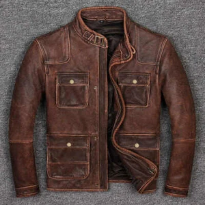 Mens Biker Motorcycle Cafe Racer Vintage Distressed Brown Cowhide Leather Jacket - Bild 1 von 4