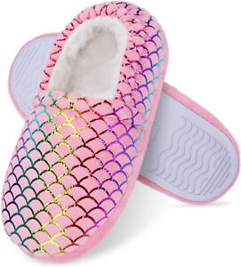 Kids Girls Fuzzy Pink Mermaid Scales Slippers Loafers House Shoes US Size 12/13