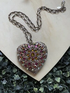 TARINA TARANTINO Swarovski Crystal Filigree Puffy Heart Locket Y2K Pendant Chain - Picture 1 of 8