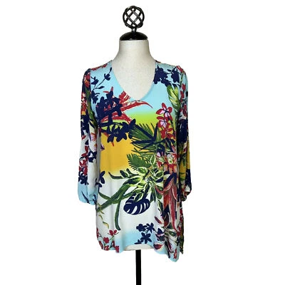 John Mark SILK Blue Artsy Tropical Floral Boho Blouse Tunic Cold Shoulder Size S - Image 1 of 4