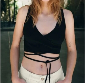 Zara Women’s NWT Black Ribbed V-Neck Crop Top Long Tie Up Shirt Sleeveless S/M - Picture 1 of 10