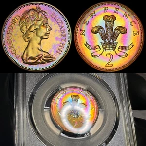 PR66RB 1973 Great Britain 2 Penny Proof, PCGS Secure- Vivid Rainbow Toned - Picture 1 of 10