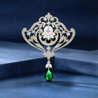 Роскошная брошь с короной и жемчугом и зелеными кристаллами на булавке осень День благодарения ювелирные изделия подарок для женщин - Изображение 1 из 4