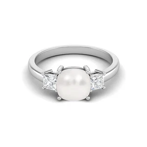 7 MM Cushion Shape Natural Pearl 925 Sterling Silver Women Engagement Ring - Picture 1 of 6