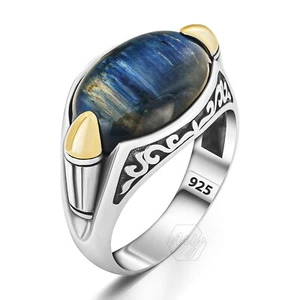 925 Sterling Silver Bullet Design Blue Tiger's Eye Stone Turkish Men's Ring - Picture 1 of 3