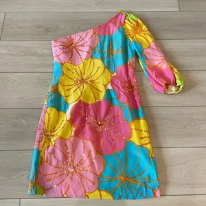 Lilly Pulitzer Women's Asymmetrical One Shoulder Mini Dress Floral 8 1005 Silk - Picture 1 of 10