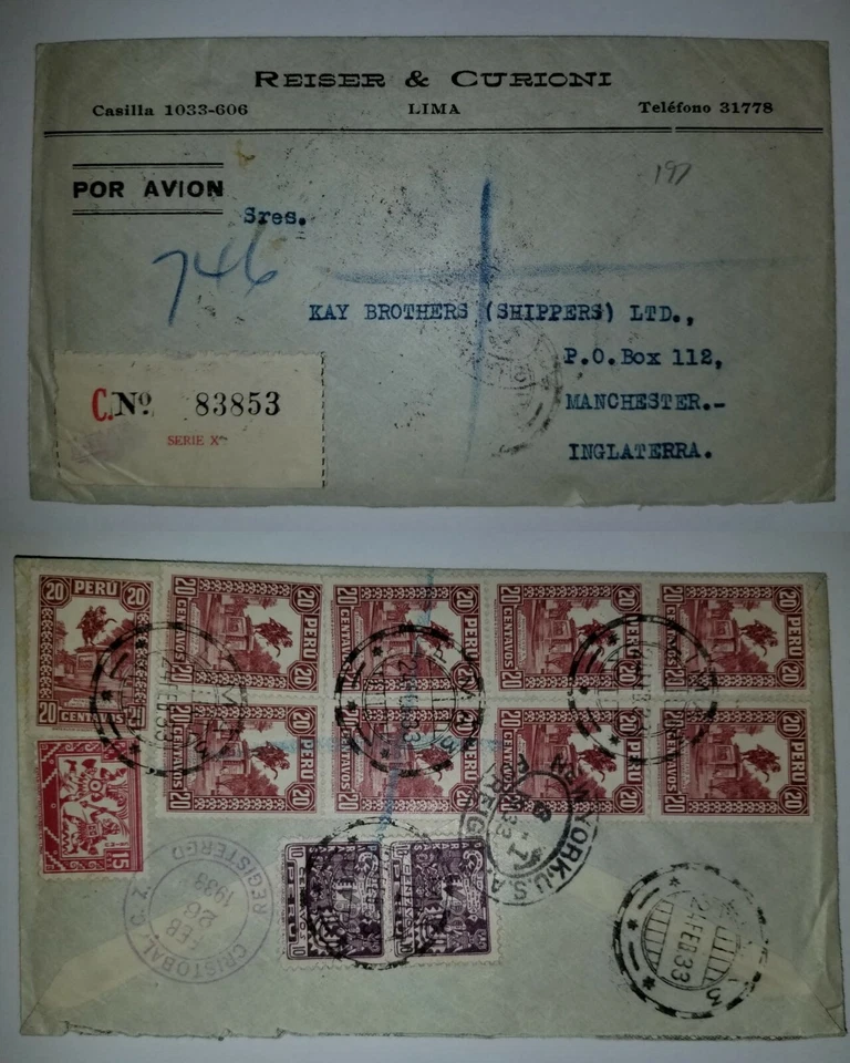 J) 1933 PERU, MONUMENT TO THE SIMON BOLIVAR, MULTIPLE STAMPS, AIRMAIL, CIRCULATE - Image 1 of 1
