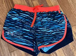 Under Armour Heatgear Girls YSM Running Shorts - Navy Pattern with Orange Trim - Picture 1 of 3
