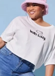 New Hello Kitty Top Forever 21 Logo Crop Shirt Womens 1X Plus White & Black - Picture 1 of 5