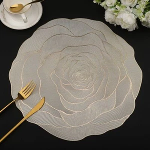 Placemats Set of 6 Gold Flower Table Mats Washable Vinyl Round Table Place Ma... - Picture 1 of 7