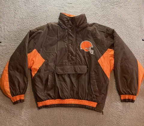 Vintage Cleveland Browns Chalk Line Jacket Mens XL Brown Orange Anorak Football Cover