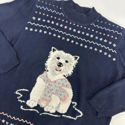 Винтажный Alfred Dunner женщин крючком терьер собаки насмешливый шеи синий вязаный свитер XL - Изображение 1 из 4