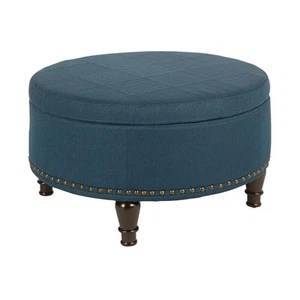 Augusta Round Storage Ottoman in Klein Azure Blue Fabric - Picture 1 of 5