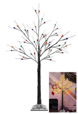 Árvore de bétula iluminada 4 pés, árvore de Natal preta com 48 luzes LED multicoloridas Ar... - Imagem 1 de 4