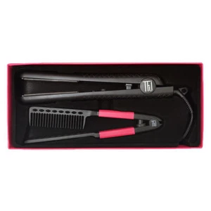 New Women Travel Box Kit Professional Ceramic Flat Iron Hair Comb Set Black Pink - Picture 1 of 7