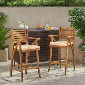 Set of 2 Patio Bar Stools All Weather Outdoor Bar Chairs w/ Armrest Acacia Wood - Picture 1 of 12