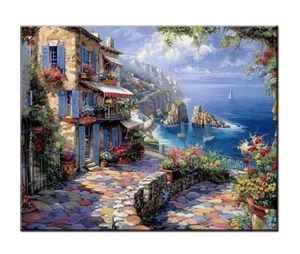 Mediterranean City and Sea View Oil Painting Printed on canvas,Wall Art Decor,03 - Picture 1 of 8