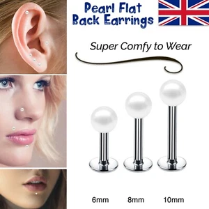 Pearl Ear Piercing Earrings Stud White Gem Flat Disc Back Tragus Helix Labret UK - Picture 1 of 15