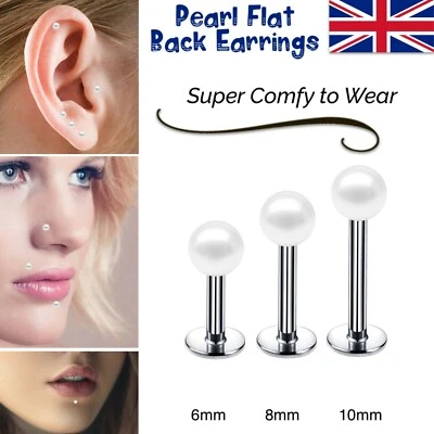 Pearl Ear Piercing Earrings Stud White Gem Flat Disc Back Tragus Helix Labret UK - Image 1 of 4