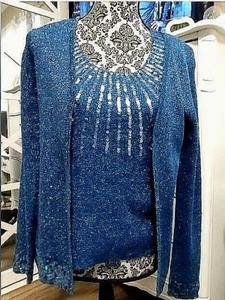 Blue Sparkly Sequin Cardigan and TopSweater Set Investments Petites - Picture 1 of 7