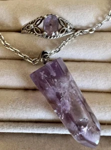 Niedlicher Vintage Amethyst Punkt Anhänger Halskette Sterlingsilber Set Ring 8,5 Peace - Bild 1 von 9